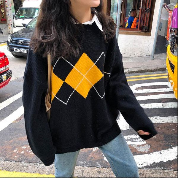 

3 womens sweater colors korean ins style knitted sweaters women casual o neck loose long sleeve female plaid oversize jumpers, White;black
