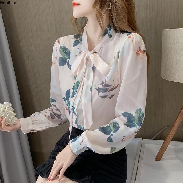 

women's blouses & shirts houthion silk long sleeve fashion printed shirt korean loose casual blouse bow lady blusas, White