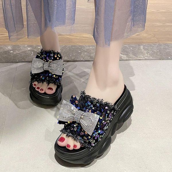 

dress shoes women sandals fashion 2021 summer platform bow-knot casual outdoor comfortable sequins open toe slipper for woman, Black