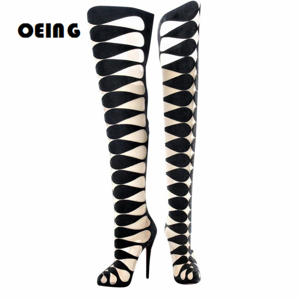

cut out mesh boots women thigh high heels platform female spring autumn over the knee zapatos de mujer, Black