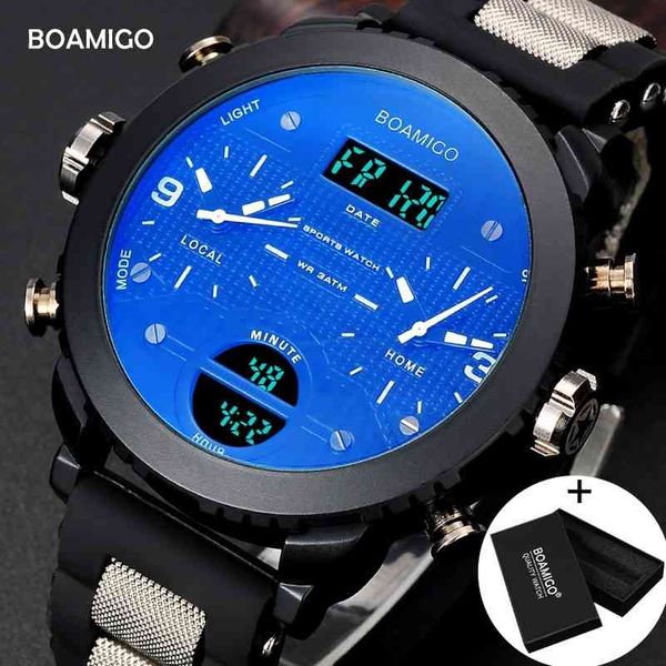 Männer Uhren BOAMIGO Marke 3 Zeitzone Militär Sportuhren männlich LED Digital Quarz Armbanduhren Geschenkbox Relogio Masculino 210329