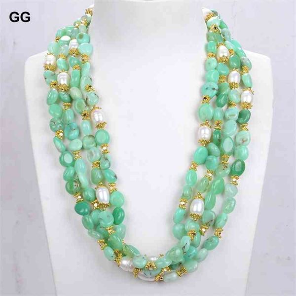 

guaiguai jewelry natural 4 strands green chrysoprase real gems cultured white rice pearl necklace 20", Silver