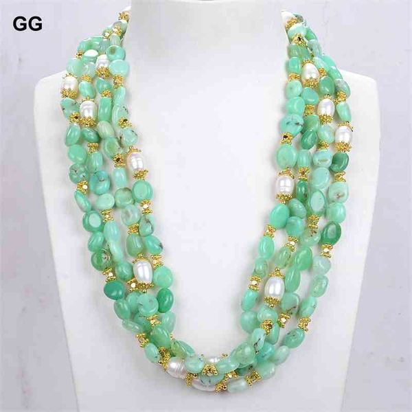 GuaiGuai Jewelry Natural 4 Strands Green Chrysoprase Real Gems Collana di perle di riso bianco coltivate 20 