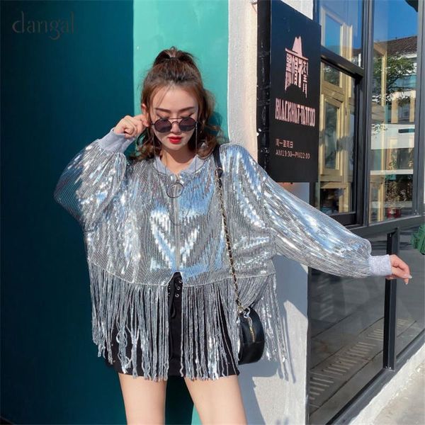

women's jackets solid silver woman sequin bomber short sequins jacket tassel women sequined coat o-neck out wear college, Black;brown