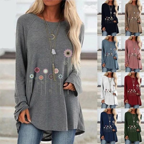 

women floral print irregular hem tshirt vintage long sleeve t-shirt o-neck tee shirt tunic clothes mujer plus size 5xl women's, White