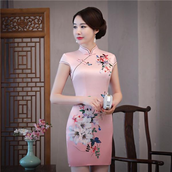 

chinese mini dress women's silk satin cheongsam size s-2xl ethnic clothing, Red