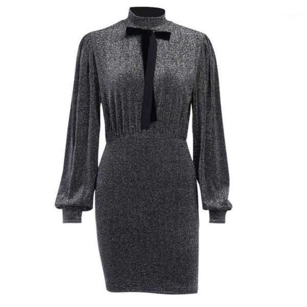 

women autumn lantern long sleeve bodycon mini dress turtleneck vintage bowtie glitter silver package hip cocktail bx0a casual dresses, Black;gray