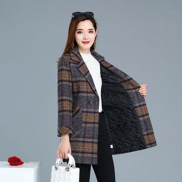 

women's wool & blends autumn winter women casual jacket plaid trench coat elegant thick plus size 5xl mid long woolen coats outerwear, Black