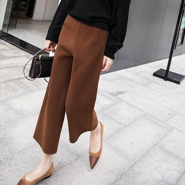 

women's pants & capris 2021 solid color wide leg women elegant casual woolen trousers pantalon mujer womens ankle-length, Black;white