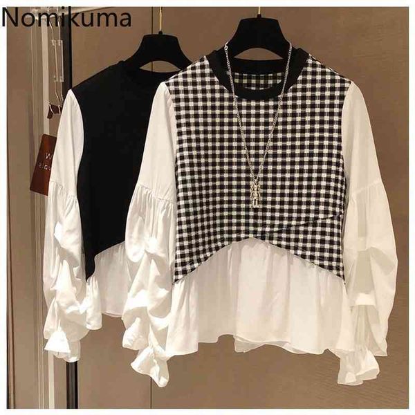 

nomikuma korean hit color patchwork womens blouse causal puff sleeve ruffle doll shirt spring sweet o-neck blusas de mujer 6g341 210427, White