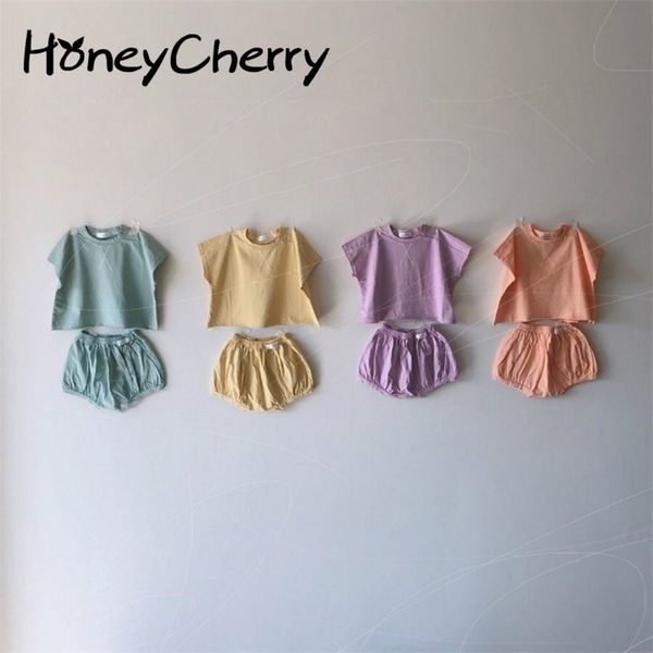 

summer t-shirt set solid round neck thin breathable set born baby clothes 210701, White