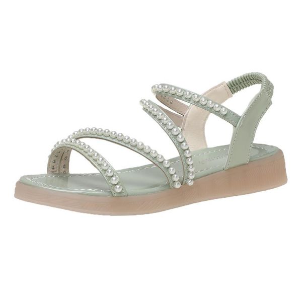 

sandals 2021 summer shoes woman flat sandalias mujer thin strips gladiator beach ladies pearls slides, Black