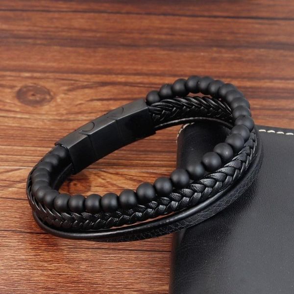 

bangle frosted stone/volcanic stone beaded magnetic bracelet punk retro multi-layer leather braided men's, Black