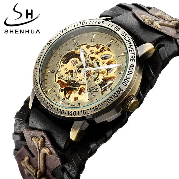 

wristwatches antique men automatic mechanical watch skeleton dial vintage gothic clock steampunk self winding watches brown rock reloj hombr, Slivery;brown