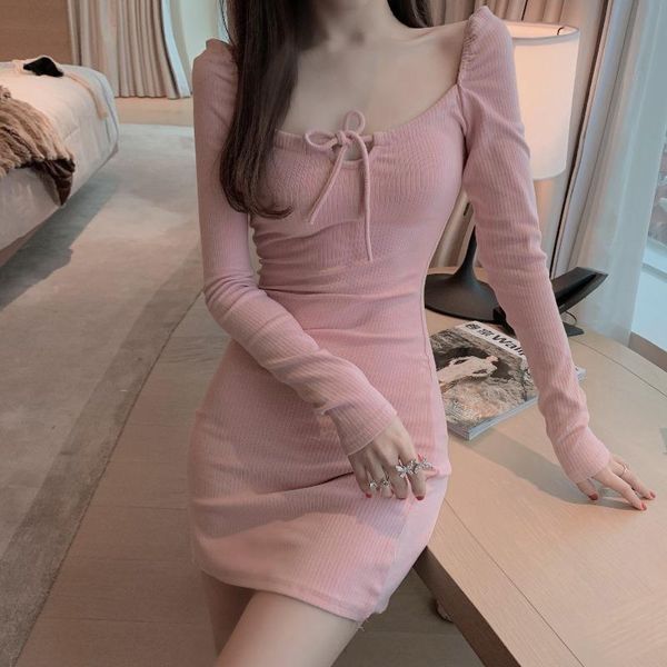 

low cut u-neck bow tie bodycon dress dresses woman party night elastic long sleeve open back autumn and winter casual, Black;gray