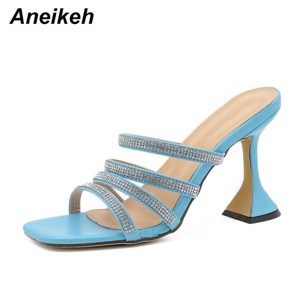 

slippers aneikeh elegant fashion glitter rhinestone narrow band sandals slides women shoes open toe stilettos high heels mules summer, Black
