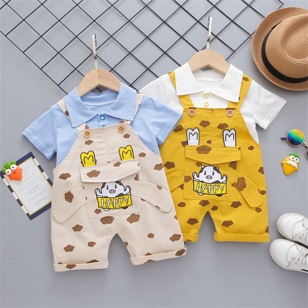 

summer 2pcs kids baby boys clothes set solid t-shirt + cartoon print overalls strap baby suspender trousers suit x0802, White