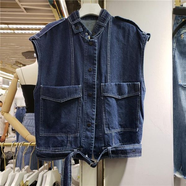 

women's vests autumn 2021 vintage women short blue denim vest plus sashes single-breasted stand collar big pocket sleeveless jeans vest, Black;white