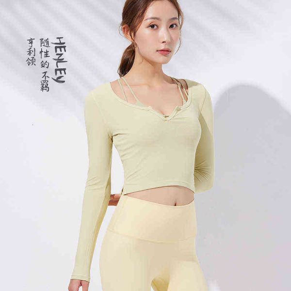 

women's autumn nude henry neck yoga women's long sleeve breathable t-shirt slim sports fitns cloth, White