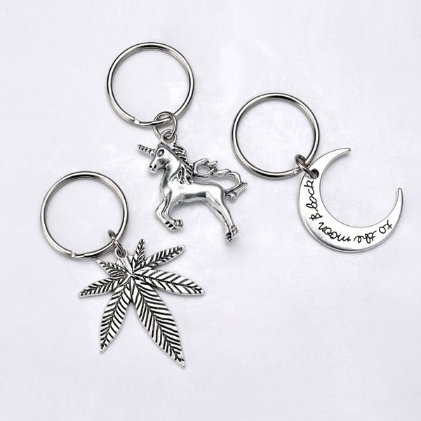 

10pieces/lot fashion 30mm key ring metal key chain keychain jewelry antique silver color plated maple leaves moon 40x35mm pendant