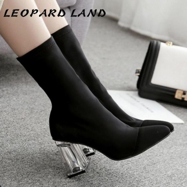 

dress shoes leopard land 2021 women black point toe high heel pointed mid-range stretch boots women's chunky-heel cwf