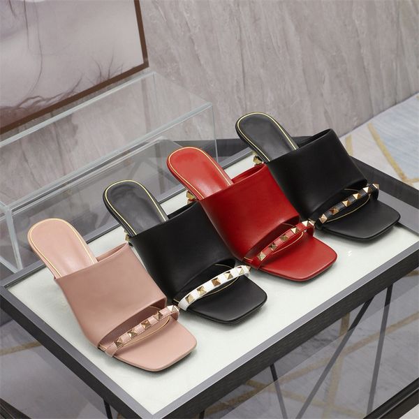 

fashion vg high heels studded sandals slide luxury designer womens rubber slippers flat slipper calfskin stylist shoes 6.5 cm, Black