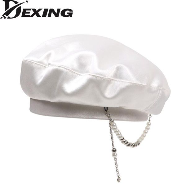 

berets retro pearl chain beret women fashion wedding painter hat female casual mercerized temperament white bud, Blue;gray