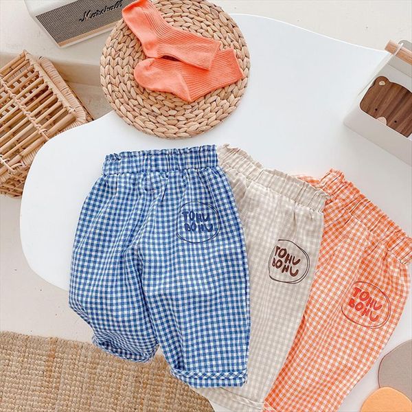

summer kids clothes plaid pants letter print boys clothing korean girls, Blue