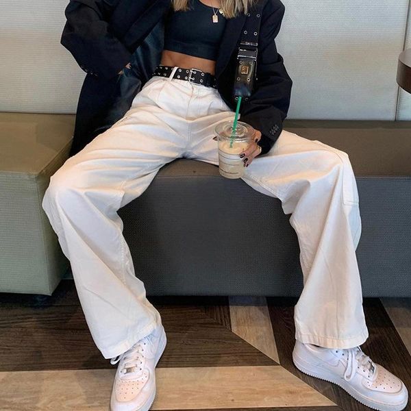 

women solid color straight-leg pants adults casual style mid-rise loose trousers for autumn, Black;white
