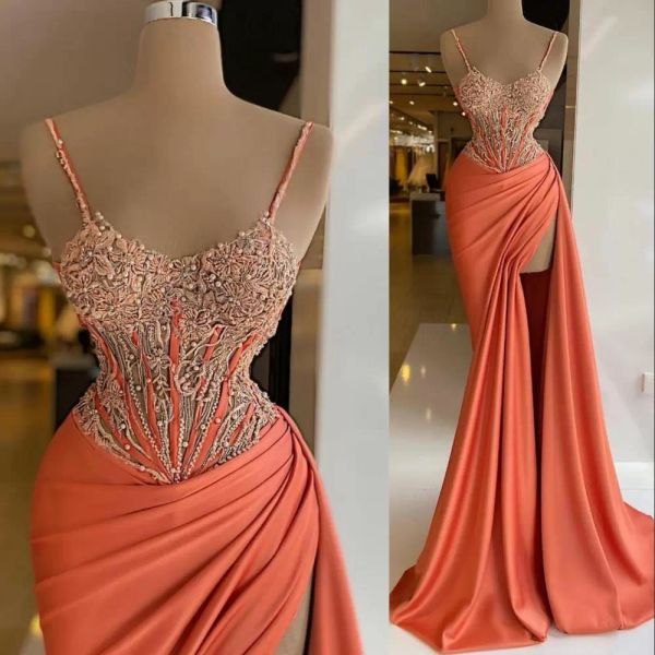 

coral prom dresses spaghetti straps sheath mermaid high split satin sweep train beading crystals beaded lace ruffles custom made evening gow, Black