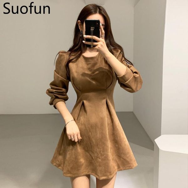 

casual dresses suofun slim a-line short korea chic elegant light mature woman spring temperament close your waist mini full dress, Black;gray