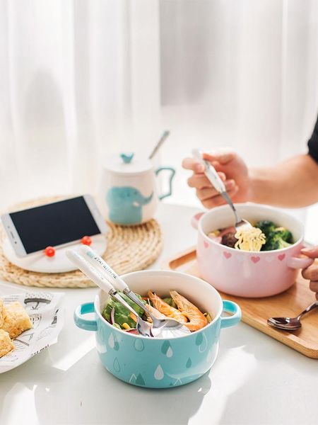 

bowls cute cartoon instant noodle bowl large capacity double ear ceramic creative soup home eating cup set