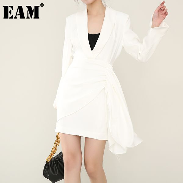

[eam] women white wrinkled irregular split dress v-neck long sleeve loose fit fashion spring autumn 1dd109700 210512, Black;gray