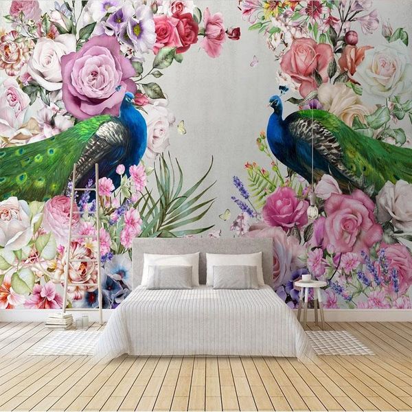 

wallpapers custom self-adhesive 3d wallpaper modern retro peacock flower plant living room background wall mural stickers papel de parede