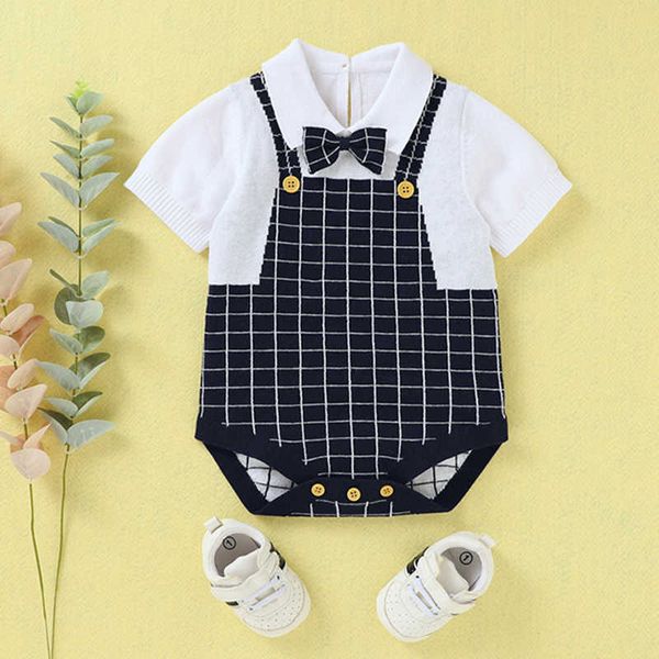 

infant boys gentleman bowknot grid baby boy kids short sleeve cotton rompers clothes, Blue