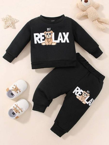 

baby slogan & bear print sweatshirt & sweatpants she, White