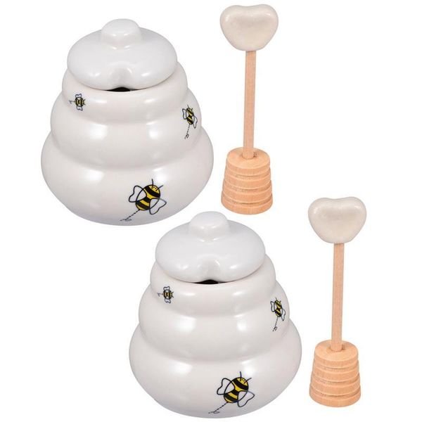 

2pcs ceramic honey pot jar with dipper and lid kitchen syrup container storage dispenser accessories bottles & jars