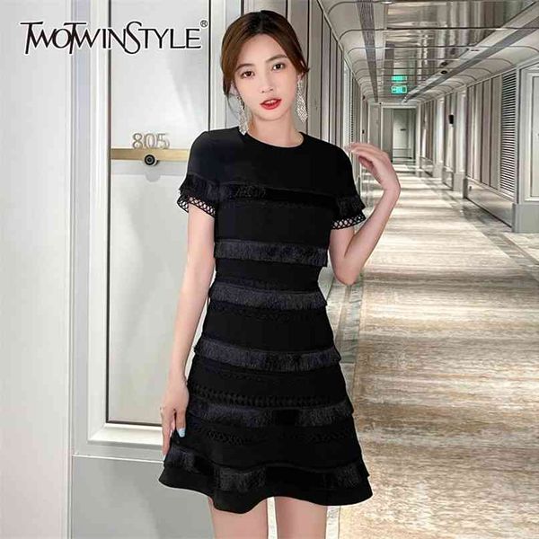 Vestido preto elegante para mulheres com decote em O manga curta cintura alta patchwork minivestidos femininos moda verão 210520