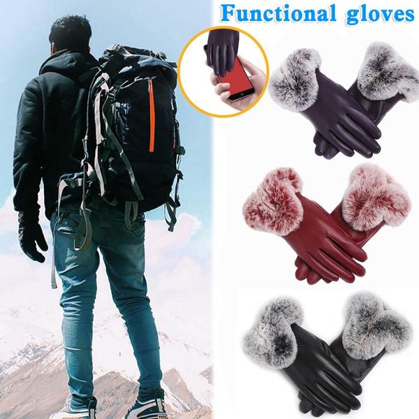 

ski gloves women winter pu leather with fur autumn warm touch screen outdoor full fingers wrist #t3p