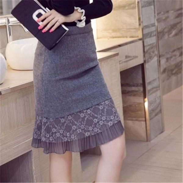 

skirts women winter 2021 fashion lace patchwork pencil woolen skirt high waist ruffle hem big size 5xl female zz531, Black