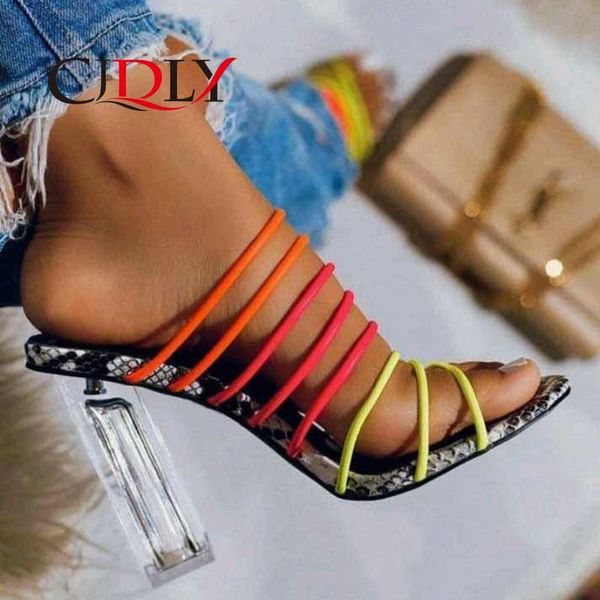 

high heels peep toe pumps snake print sandals women mixed color transparent block heel crystal slippers, Black