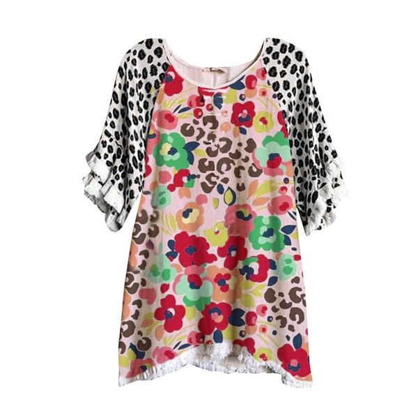 

women's t-shirt 2021 summer leopard printed round neck fashion large size casual short sleeve loose #t1g, White