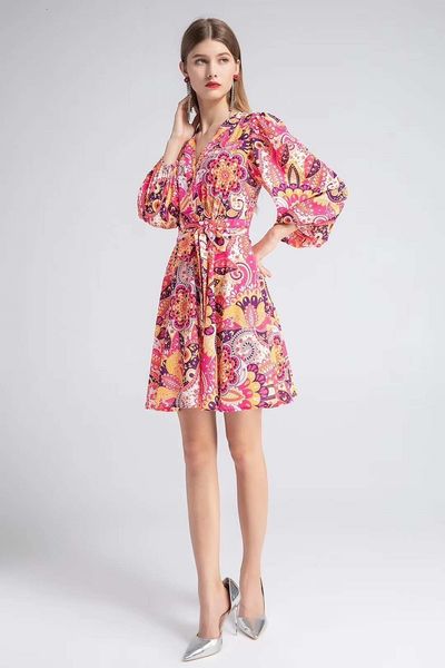 

dresses est fashion autumn style women v-neck vintage prints belt patchwork long sleeve casual party tunic vestidos, Black;gray