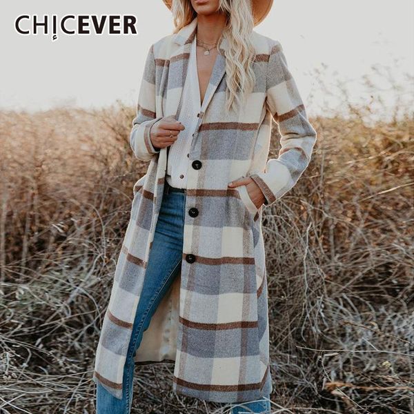 

women's jackets chicever straight gingham colorblock coats female lapel collar long sleeve loose single breasted coat for women 2021 cl, Black;brown