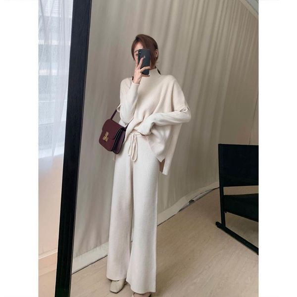 

women's two piece pants elegant women knitted suit pullover sweaters + wide leg vest sets lady fashion jumpers trousers 2 pcs costumes, White