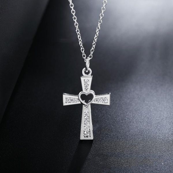 

chains 925 sterling silver goddess cross zircon crystal heart-shaped love chain necklace 16/18/20/22/24 inch ladies party jewelry