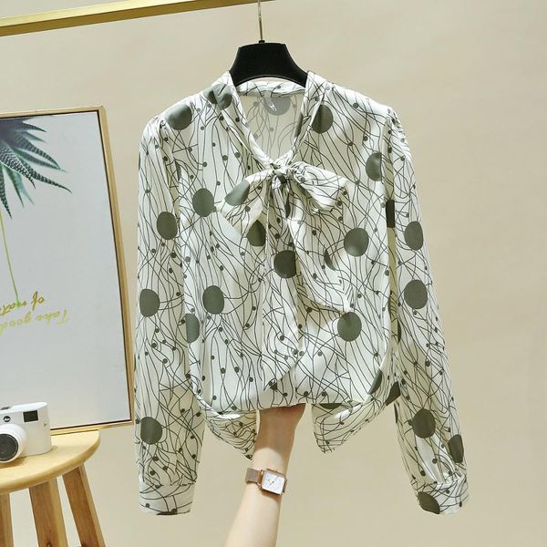 

autumn korean style women's bow dot long sleeves chiffon shirt female casual blouse ol shirts a4426 210428, White