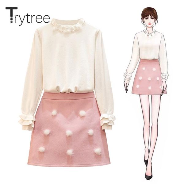

two piece dress trytree 2021 autumn winter set casual turtleneck pearls ruffles + skirt mini a-line office lady 2, White