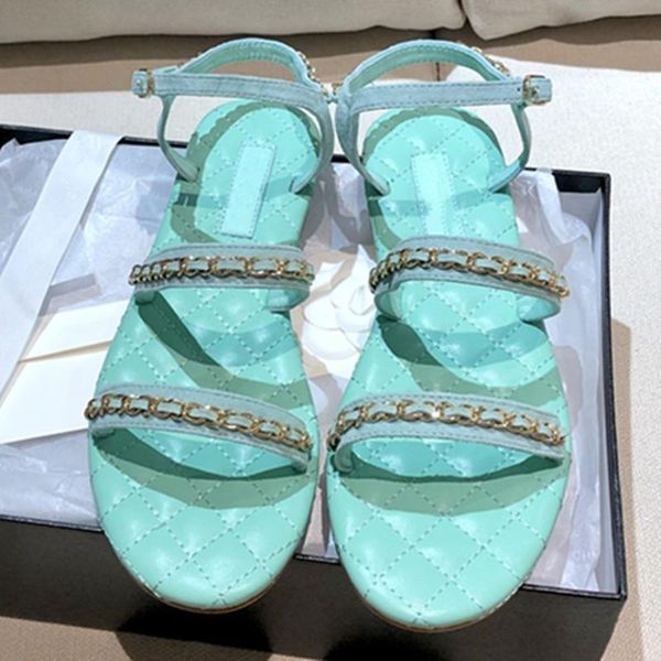 

sandals chain woman shoes buckle strap checkered solid ladies summer cool flats fashion elegant women 2021, Black