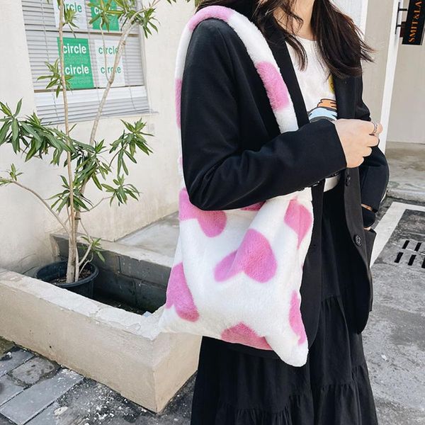 

evening bags fashion women's bag love heart printing plush shoulder lady casual autumn winter crossbody messenger large capacity handba